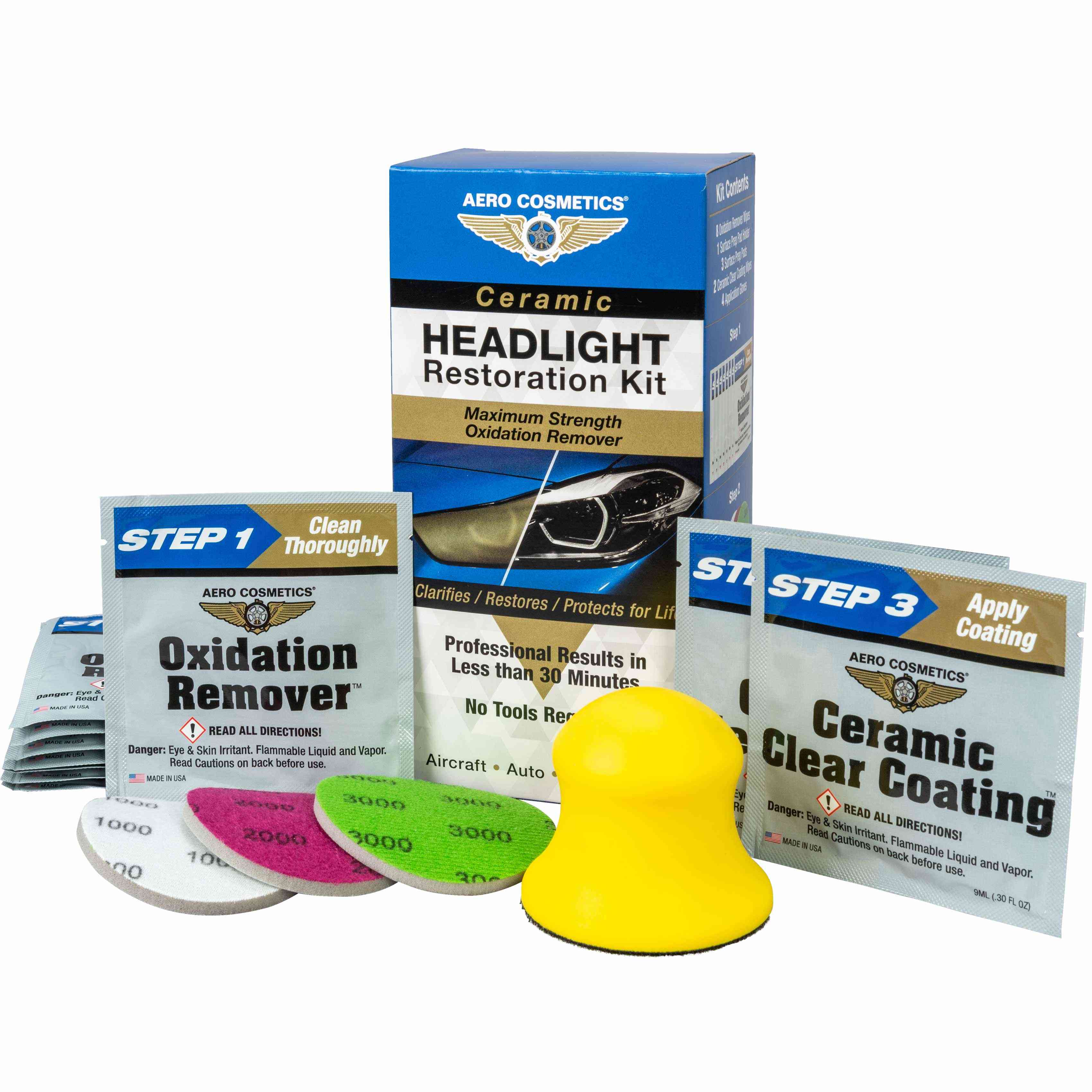 Aero Cosmetics Ceramic Headlight Restoration Kit - Maximum Strenght Oxidation Remover - Aircraft Grade, Hydrophobic Coating, Resotre Clarity, Easy