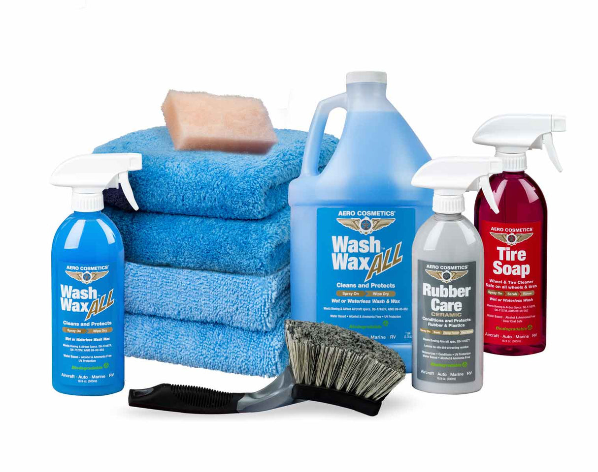 Premium Waterless Car Wash Kit 192 Fl. oz - Wash Wax ALL, Tire Soap, Rubber Care & Tire Brush