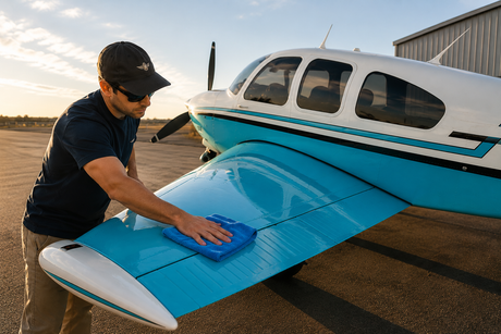 Man using a blue microfiber towel to waterlessly wash and wax a turquoise Beechcraft Bonanza aircraft with Wash Wax ALL on an airport ramp.