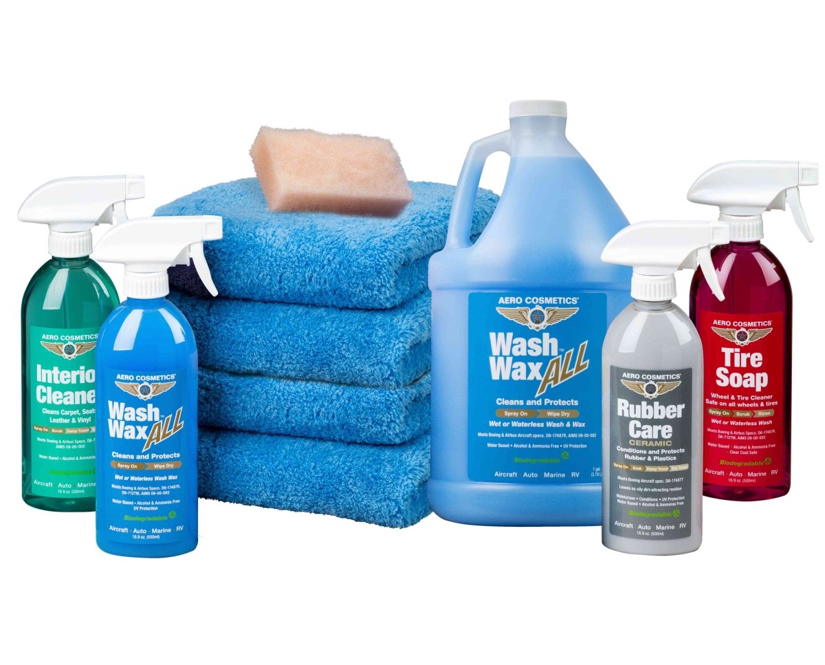 detailing kit a variety of cleaning products including towels and soap