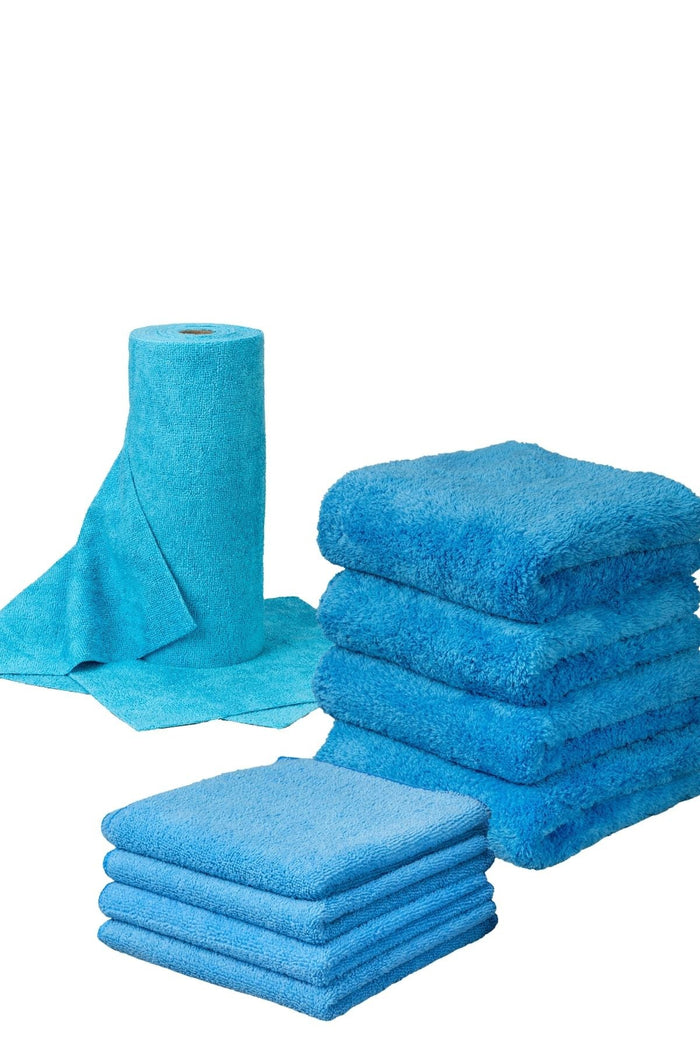 Blue microfiber towels with packaging on a white background