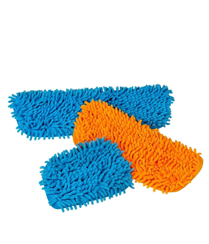 Three microfiber mop pads, two blue and one orange, on a white background with 'Mop Pads' text above.