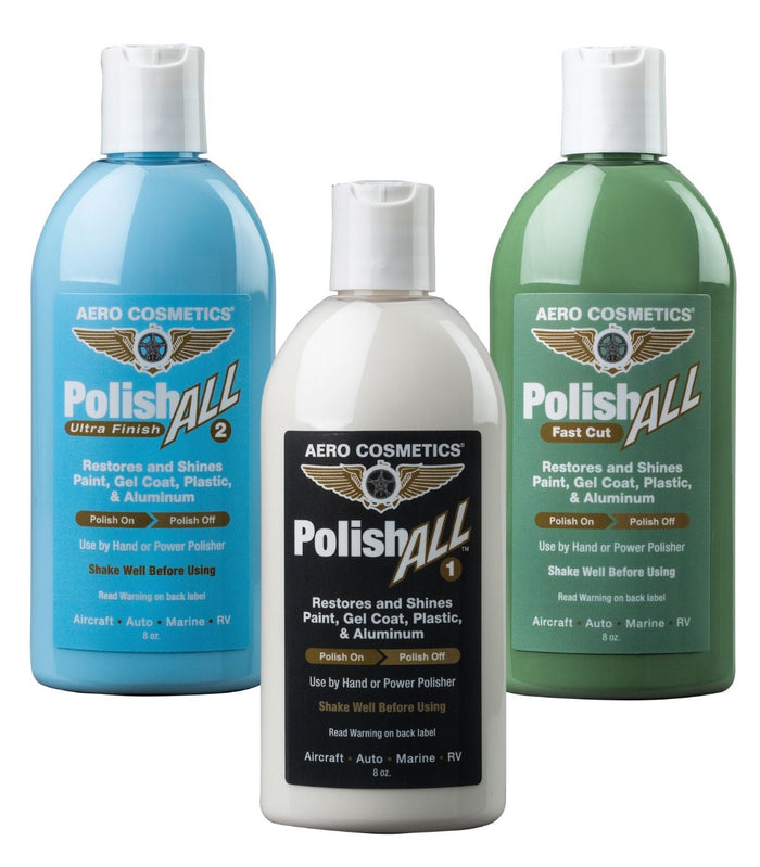 Three bottles of Aero Cosmetics Polish ALL on a white background with green banner at the top.
