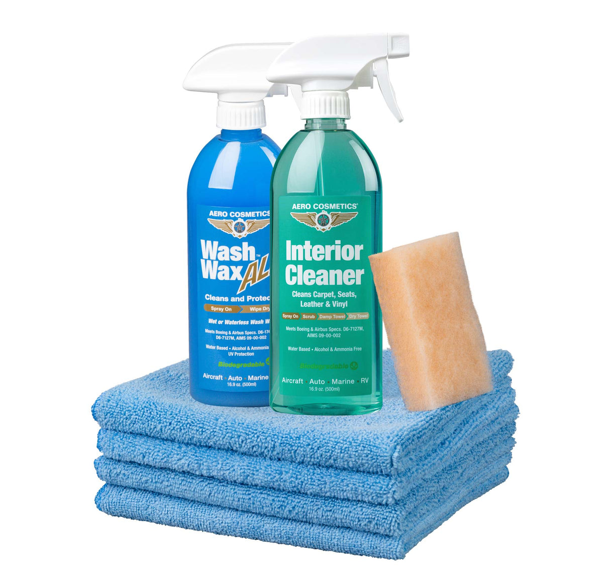 Interior Cleaner Kit with 16 oz Interior Cleaner, 16 oz Wash Wax ALL, 4 Aero microfiber towels, and a mini Aero scrubber pad