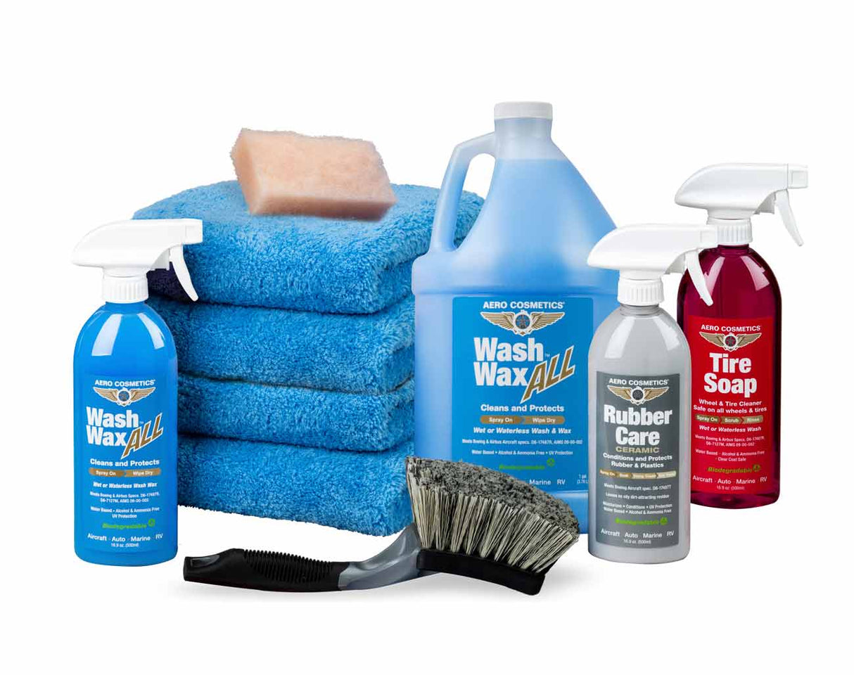 Premium Waterless Car Wash Kit 192 Fl. oz - Wash Wax ALL, Tire Soap, Rubber Care & Tire Brush