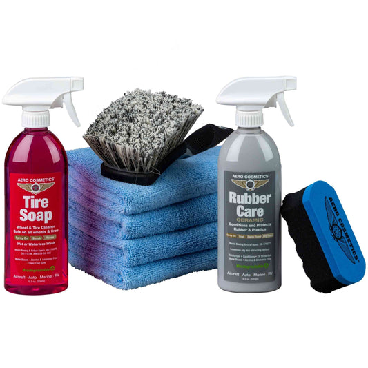 Tire Care Kit - Tire Soap 16oz, Rubber Care 16oz, Tire Brush, Aero Microfiber Towels, and Rubber Care Applicator.