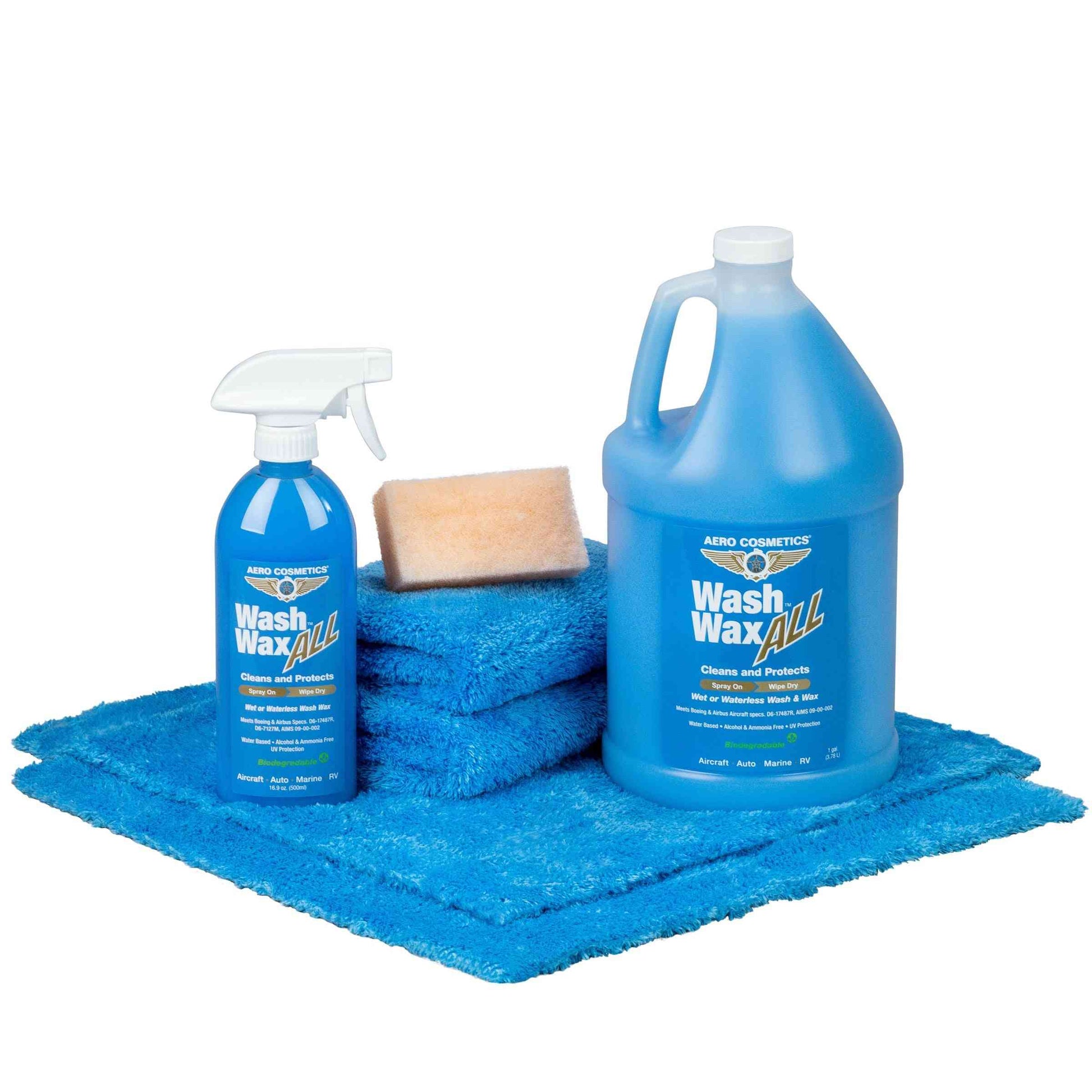 Premium Wet or Waterless Car Wash Wax Kit 144 Ounces. Aircraft Quality for Your Car, RV, Boat, Motorcycle. The Best Wash Wax. Anywhere, Anytime, Home, Office, School, Garage, Parking Lots. Aero Cosmetics
